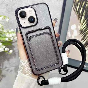 For iPhone 15 Plating Gradient Glitter TPU Phone Case with Card Slot & Strap(Black)