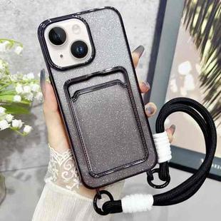 For iPhone 14 Plus Plating Gradient Glitter TPU Phone Case with Card Slot & Strap(Black)