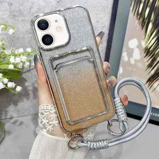 For iPhone 12/12 Pro Plating Gradient Glitter TPU Phone Case with Card Slot & Strap(Silver)