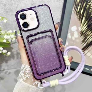 For iPhone 11 Plating Gradient Glitter TPU Phone Case with Card Slot & Strap(Purple)