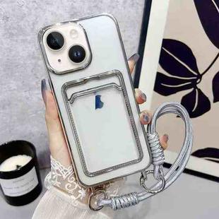 For iPhone 14 Plus Plating Clear TPU Phone Case with Card Slot & Strap(Silver)