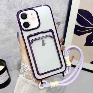 For iPhone 12 / 12 Pro Plating Clear TPU Phone Case with Card Slot & Strap(Purple)