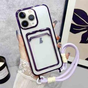 For iPhone 11 Pro Max Plating Clear TPU Phone Case with Card Slot & Strap(Purple)