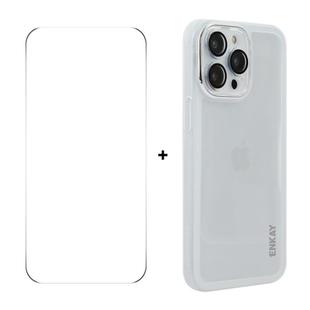 For iPhone 15 Pro Max ENKAY Hat-Prince Translucent Matte TPU Phone Case with Lens Film + 9H Big Arc Edge Film(White)