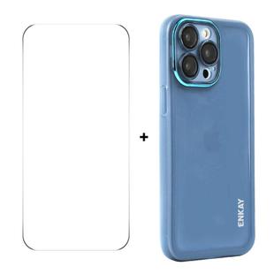 For iPhone 15 Pro ENKAY Hat-Prince Translucent Matte TPU Phone Case with Lens Film + 9H Big Arc Edge Film(Blue)