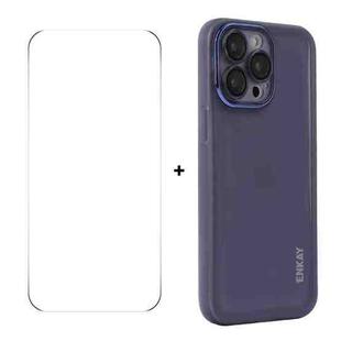 For iPhone 14 Pro ENKAY Hat-Prince Translucent Matte TPU Phone Case with Lens Film + 9H Big Arc Edge Film(Purple)