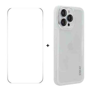 For iPhone 16 Pro Max ENKAY Hat-Prince Translucent Matte TPU Phone Case with Lens Film + 9H Big Arc Edge Film(White)