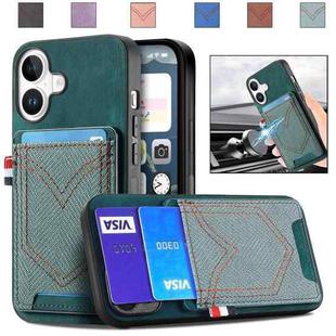 For iPhone 16 Denim Texture Leather Skin Phone Case with Card Slot(Green)