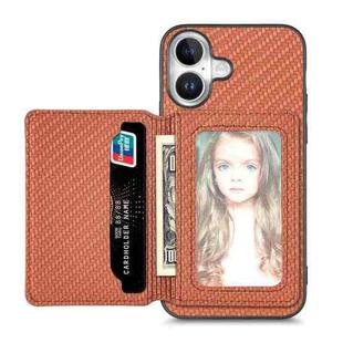 For iPhone 16 Plus Carbon Fiber Magnetic Card Wallet RFID Blocking Phone Case(Brown)