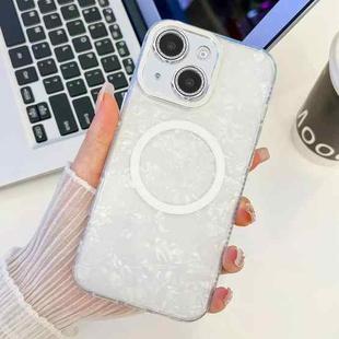 For iPhone 13 Plating Texture MagSafe TPU Phone Case with Glitter Lens Film(White Shell Pattern)