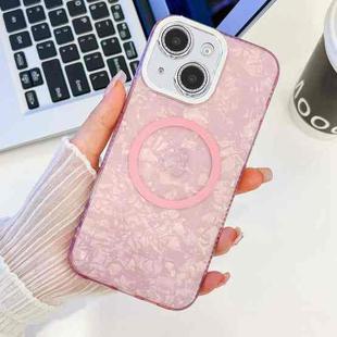 For iPhone 13 Plating Texture MagSafe TPU Phone Case with Glitter Lens Film(Pink Shell Pattern)