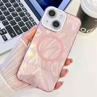 For iPhone 13 Plating Texture MagSafe TPU Phone Case with Glitter Lens Film(Pink Feather Yarn)