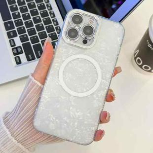 For iPhone 13 Pro Plating Texture MagSafe TPU Phone Case with Glitter Lens Film(White Shell Pattern)