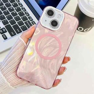 For iPhone 14 Plating Texture MagSafe TPU Phone Case with Glitter Lens Film(Pink Feather Yarn)