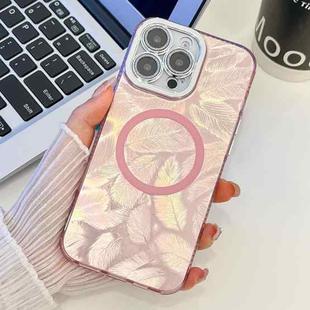 For iPhone 14 Pro Max Plating Texture MagSafe TPU Phone Case with Glitter Lens Film(Pink Feathers)