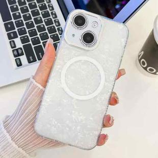 For iPhone 15 Plating Texture MagSafe TPU Phone Case with Glitter Lens Film(White Shell Pattern)