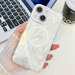 For iPhone 15 Plating Texture MagSafe TPU Phone Case with Glitter Lens Film(White Feather Yarn)