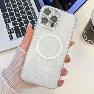 For iPhone 16 Pro Plating Texture MagSafe TPU Phone Case with Glitter Lens Film(White Shell Pattern)