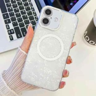 For iPhone 16 Plus Plating Texture MagSafe TPU Phone Case with Glitter Lens Film(White Shell Pattern)