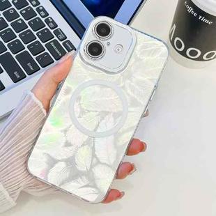 For iPhone 16 Plus Plating Texture MagSafe TPU Phone Case with Glitter Lens Film(White Feathers)