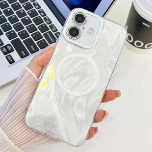 For iPhone 16 Plus Plating Texture MagSafe TPU Phone Case with Glitter Lens Film(White Feather Yarn)