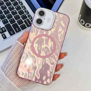 For iPhone 16 Plus Plating Texture MagSafe TPU Phone Case with Glitter Lens Film(Pink Wrinkles)