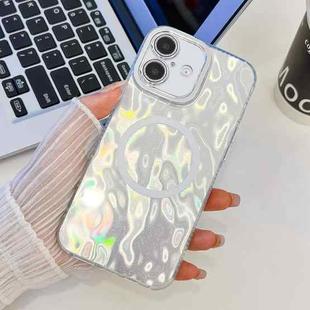 For iPhone 16 Plating Texture MagSafe TPU Phone Case with Glitter Lens Film(White Wrinkles)