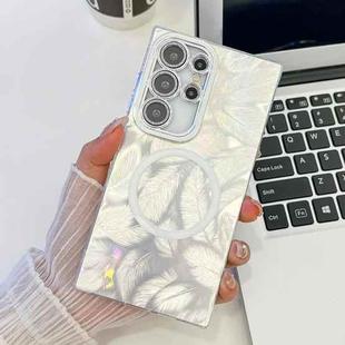 For Samsung Galaxy S23 Ultra 5G Plating Texture MagSafe TPU Phone Case with Glitter Lens Film(White Feathers)