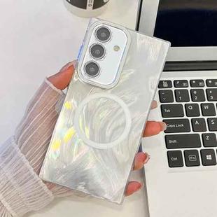 For Samsung Galaxy S24 5G Plating Texture MagSafe TPU Phone Case with Glitter Lens Film(White Feather Yarn)