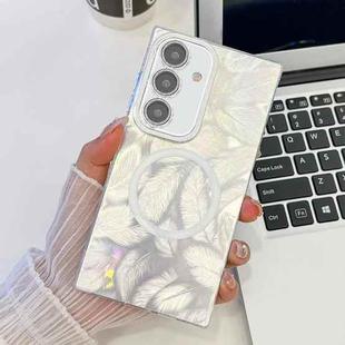 For Samsung Galaxy S24 FE 5G Plating Texture MagSafe TPU Phone Case with Glitter Lens Film(White Feathers)