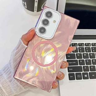 For Samsung Galaxy A54 5G Plating Texture MagSafe TPU Phone Case with Glitter Lens Film(Pink Feather Yarn)