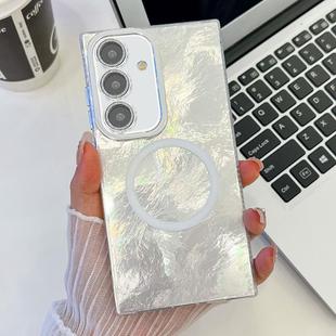 For Samsung Galaxy A55 5G Plating Texture MagSafe TPU Phone Case with Glitter Lens Film(White Tinfoil Texture)