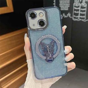 For iPhone 13 Plating Glitter Butterfly Holder Phone Case(Blue)