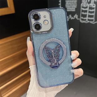 For iPhone 12 Plating Glitter Butterfly Holder Phone Case(Blue)