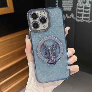 For iPhone 11 Pro Max Plating Glitter Butterfly Holder Phone Case(Blue)