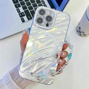 For iPhone 16 Pro Max Plating Texture Wristband MagSafe TPU Phone Case with Glitter Lens Film(White Water Ripples)