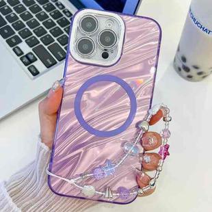 For iPhone 16 Pro Max Plating Texture Wristband MagSafe TPU Phone Case with Glitter Lens Film(Purple Water Ripples)