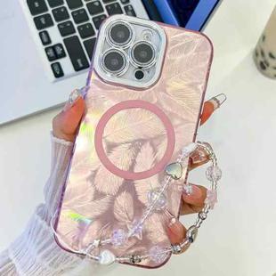 For iPhone 16 Pro Max Plating Texture Wristband MagSafe TPU Phone Case with Glitter Lens Film(Pink Feathers)