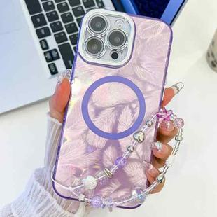 For iPhone 16 Pro Max Plating Texture Wristband MagSafe TPU Phone Case with Glitter Lens Film(Purple Feathers)