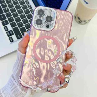 For iPhone 16 Pro Max Plating Texture Wristband MagSafe TPU Phone Case with Glitter Lens Film(Pink Wrinkles)