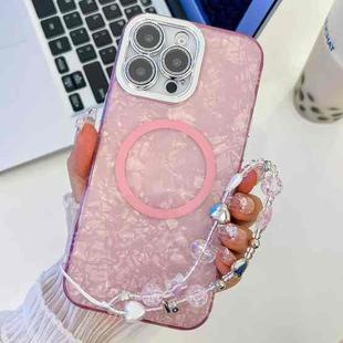 For iPhone 16 Pro Plating Texture Wristband MagSafe TPU Phone Case with Glitter Lens Film(Pink Shell Pattern)