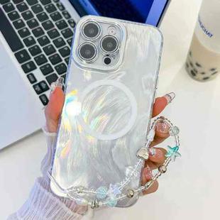 For iPhone 16 Pro Plating Texture Wristband MagSafe TPU Phone Case with Glitter Lens Film(White Feather Yarn)