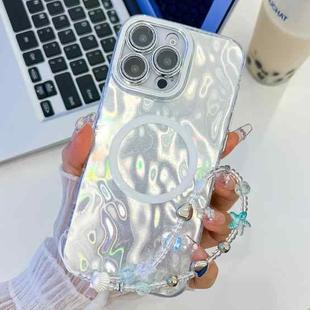 For iPhone 16 Pro Plating Texture Wristband MagSafe TPU Phone Case with Glitter Lens Film(White Wrinkles)