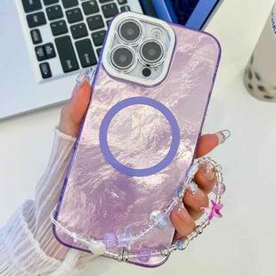 For iPhone 16 Pro Plating Texture Wristband MagSafe TPU Phone Case with Glitter Lens Film(Purple Tinfoil Texture)