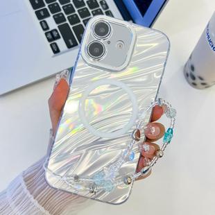 For iPhone 16 Plus Plating Texture Wristband MagSafe TPU Phone Case with Glitter Lens Film(White Water Ripples)