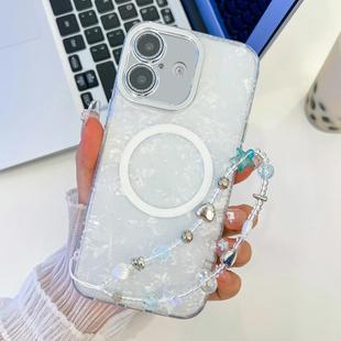 For iPhone 16 Plus Plating Texture Wristband MagSafe TPU Phone Case with Glitter Lens Film(White Shell Pattern)