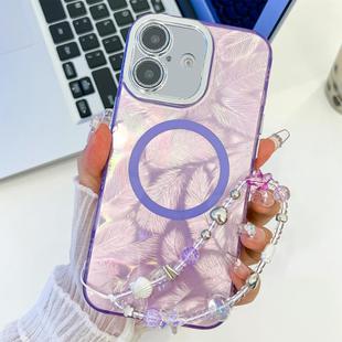 For iPhone 16 Plus Plating Texture Wristband MagSafe TPU Phone Case with Glitter Lens Film(Purple Feathers)