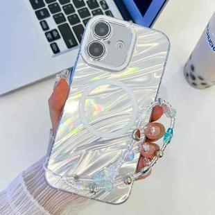 For iPhone 16 Plating Texture Wristband MagSafe TPU Phone Case with Glitter Lens Film(White Water Ripples)