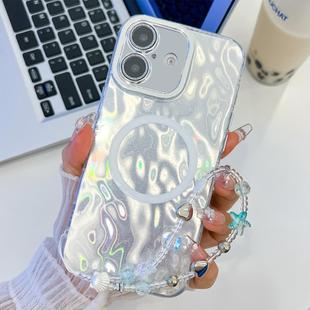 For iPhone 16 Plating Texture Wristband MagSafe TPU Phone Case with Glitter Lens Film(White Wrinkles)