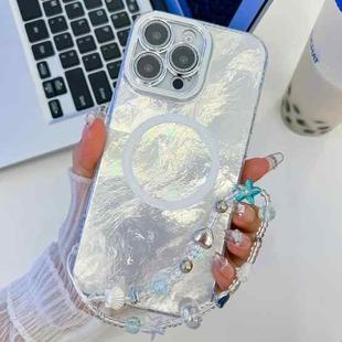 For iPhone 15 Pro Max Plating Texture Wristband MagSafe TPU Phone Case with Glitter Lens Film(White Tinfoil Texture)